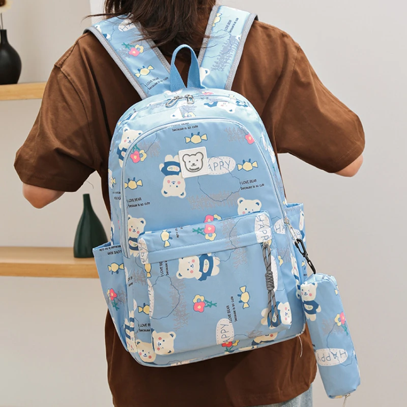 Cute Cartoon Impresso Sacos De Escola para Adolescentes Meninas, Grande Capacidade, Shcoolbags de estudante primário, Lápis Case Set, Kawaii Kids Backpacks