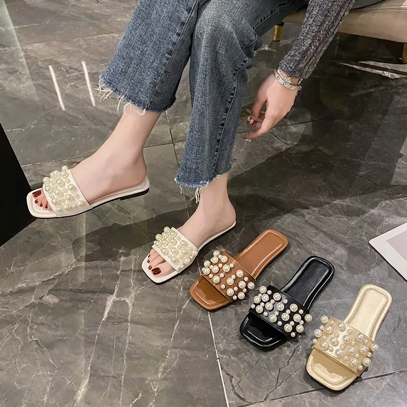 2024 Summer New Fashion Pearl Slippers Women Flat Luxury Outdoor Flip Flops Women Open Toed Design Brand Street Shoes Zapatos