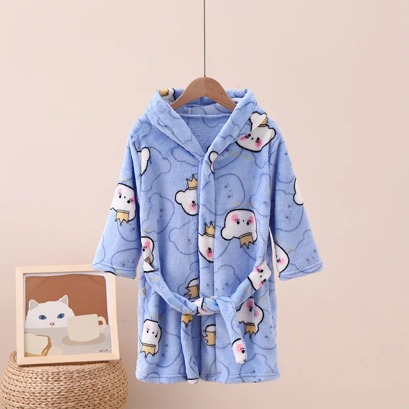 Cartoon Pattern Bath Robe Hooded Pajamas Loungewear Animal Sleepwear Cute Homewear Flannel Nightgowns for Kids Boys Girls