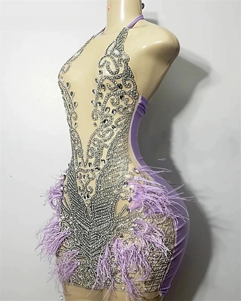 

Lilac Halter Diamond Feather Short Prom Dresses Black Girls Sexy Birthday Party Dresses African Mini Cocktail Dresses Homecoming