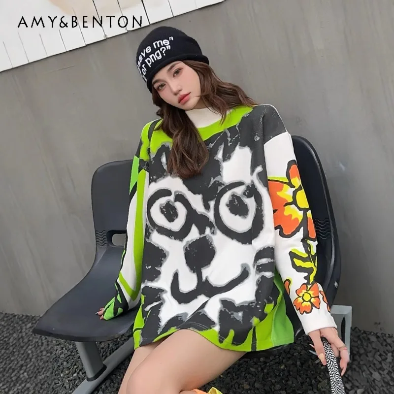 

Kawaii Bottoming Shirt For Women's Autumn And Winter Loose Casual Medium And Long Graffiti Tie-dye Long-sleeved T-shirt Female