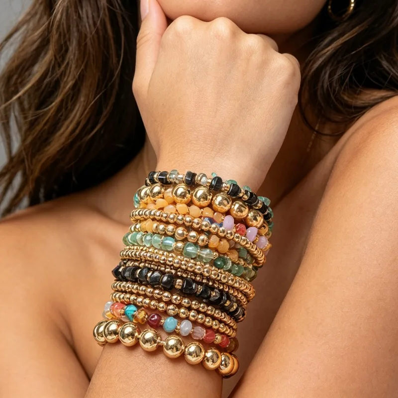 Bohemian Multilayer Colorful Beaded Bracelets Set Gold Spacer Bead Stackable Bracelets Women Fashion Jewelry