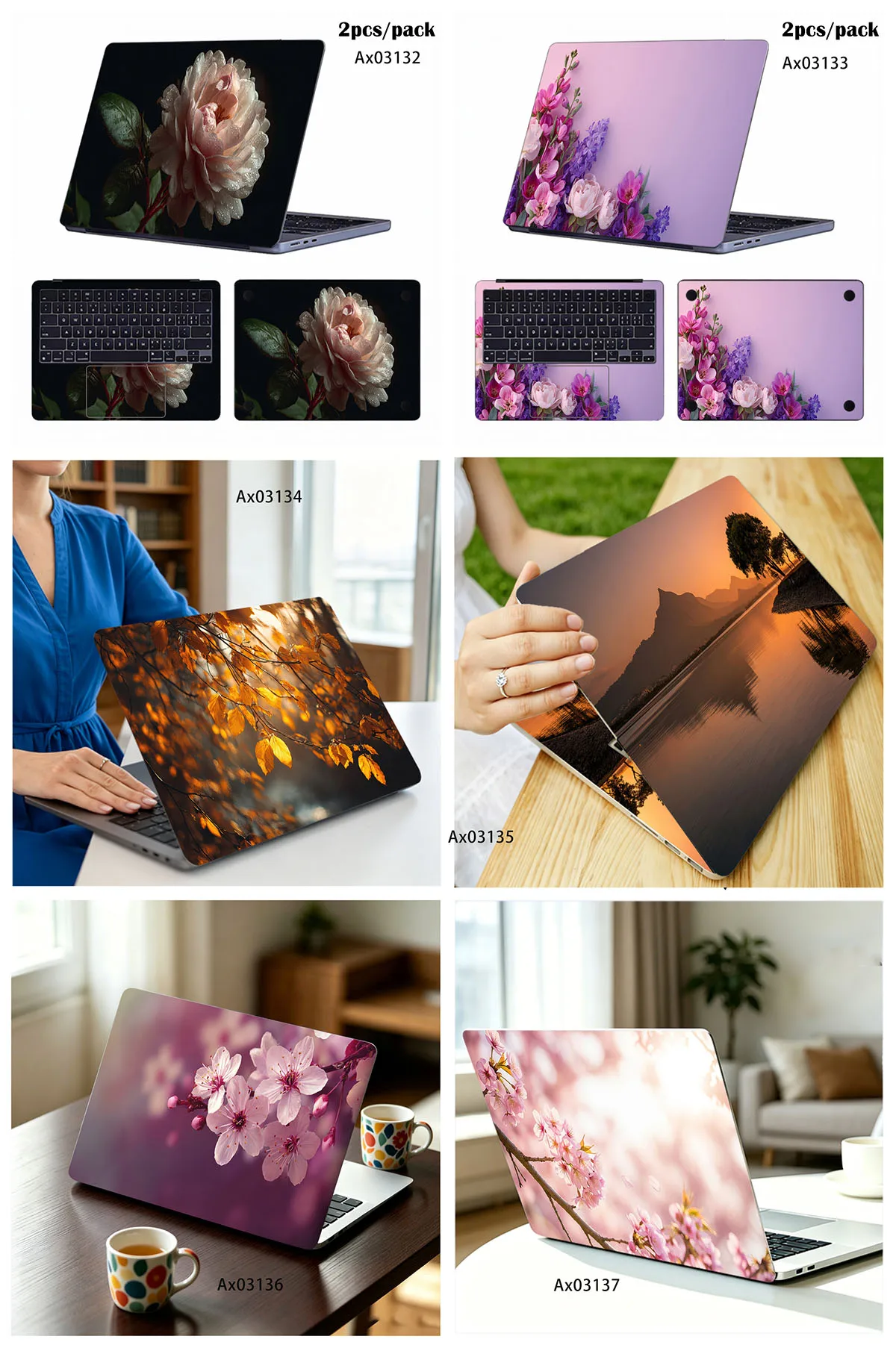 2Pcs Aesthetic Floral Sunset Landscape Laptop Skin Full Wrap Nature Notebook Anti Scratch Customizable Protective Stickers