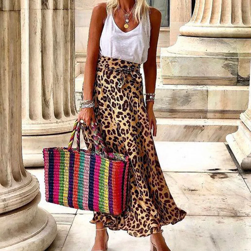 

Women Fashion Leopard Print Holiday Skirts 2024 Summer Casaul Loose Hem Long Skirt Elegant Hight Waist Tie-up Draped Party Skirt