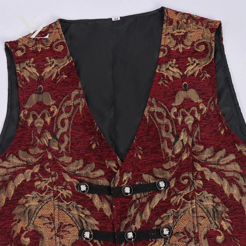 Opening Sale |Men's Gothic Jacquard Waistcoat, Vintage Medieval Victorian Steampunk Vest, Red Gold Patterned Party Costume