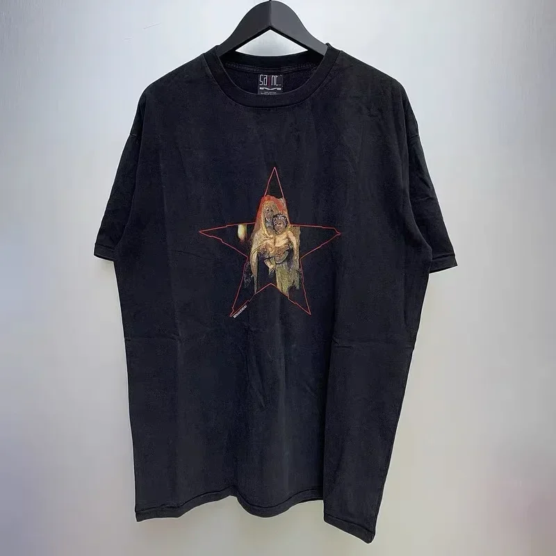 24ss Washed Black Saint Michael Oversized T Shirt Men Women Best Quality Pentagram Print Vintage T Shirts