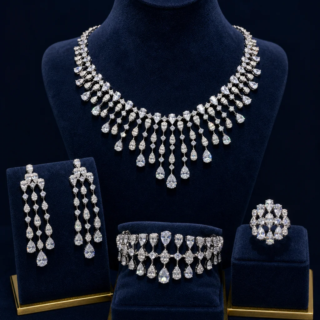 Bride Talk Pear Cut Bridal Jewelry Set, Waterfall Rhinestone Necklace Chandelier Earrings Bracelet Ring, Silver Tone Wedding Gif