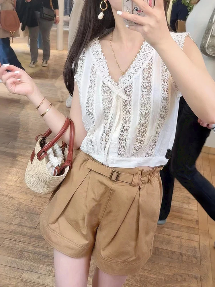 

Heavy Embroidery Lace Short Sleeveless V-neck Hollow out Floral Hook Weave Waist Cinched Summer Top for Women Casual Style