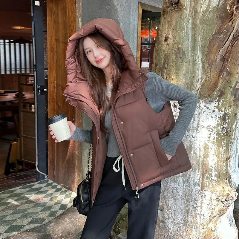 

Хлопковый жилет с капюшоном на осень/зиму, женские парки, новинка 2025 года, модная куртка без рукавов, нишевая майка, короткий жилет, верхняя одежда для женщин