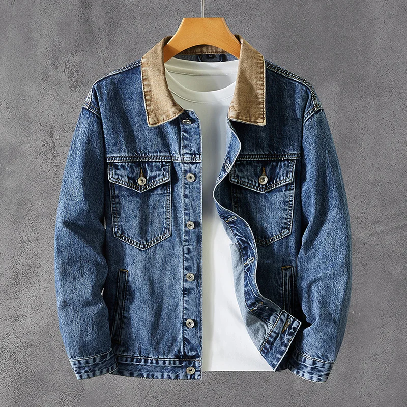 

Новые весенние и осенние модели Джинсовая мужская куртка Повседневная свободная джинсовая куртка с контрастными лацканами мужская земная
