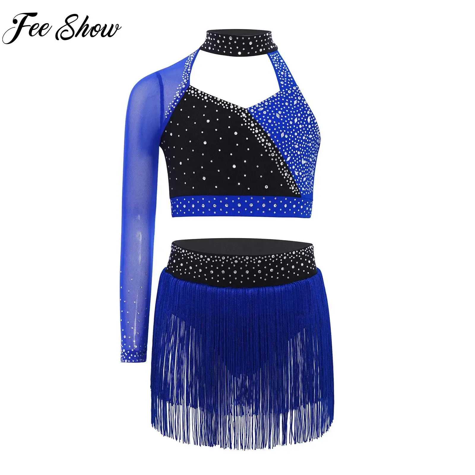 

Kids Latin Ballet Dance Costumes Rhinestones One Shoulder Crop Top+Briefs Skirt Sets Girls Salsa Samba Children Stage Outfits