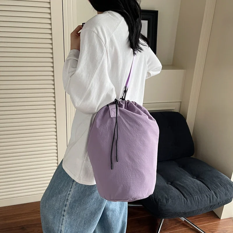 

New Durable Nylon Sweet Barrel Backpack for Women Large Capacity Pure Color Shoulder Bag Water-Resistant Lightweight Travel Tote