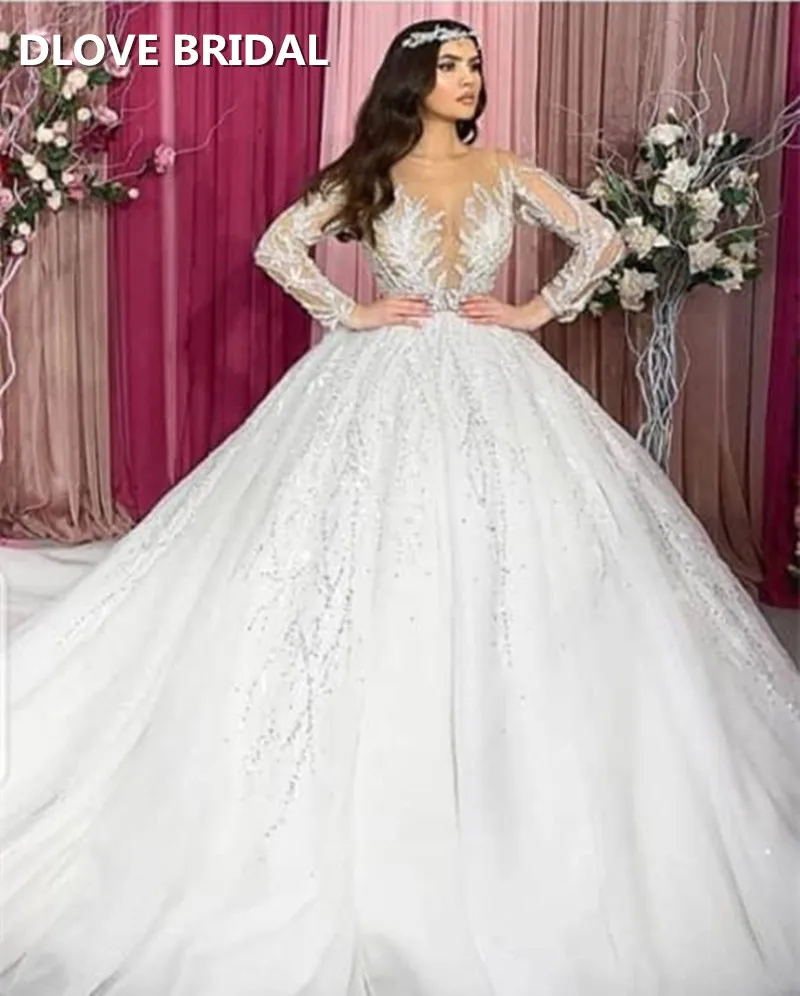 Sexy Ball Gown Wedding Dress with Long Sleeves Illusion Bridal Gowns Factory Custom Made Gown