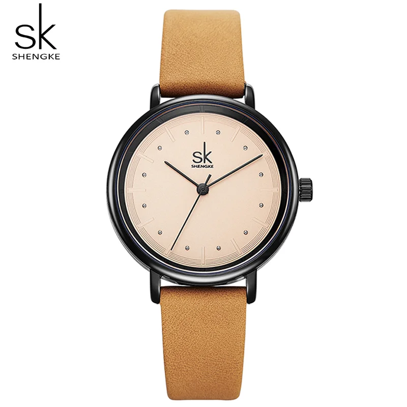 Shengke Simple Watch For Women Brown Retro Leather Relogio Feminino Top Brand Women\'s Fashion Mini Design Quartz Reloj Mujer