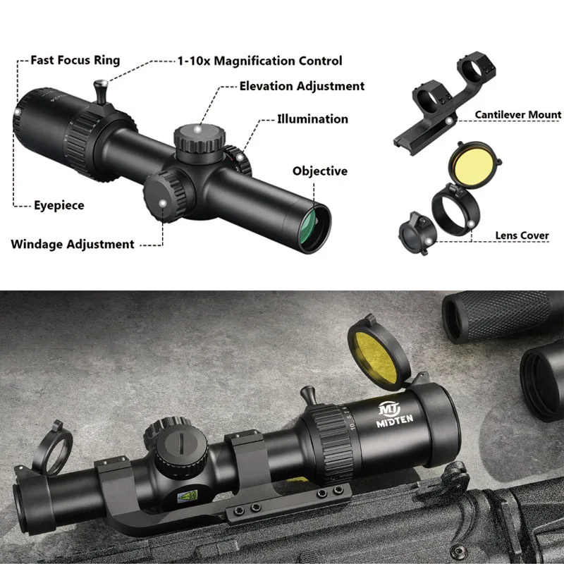 

1-10x24 LPVO Rifle Scope with Cantilever Mount Red Green Illuminated Circle Dot Reticle Second Focal Plane Zero Reset HD Glass