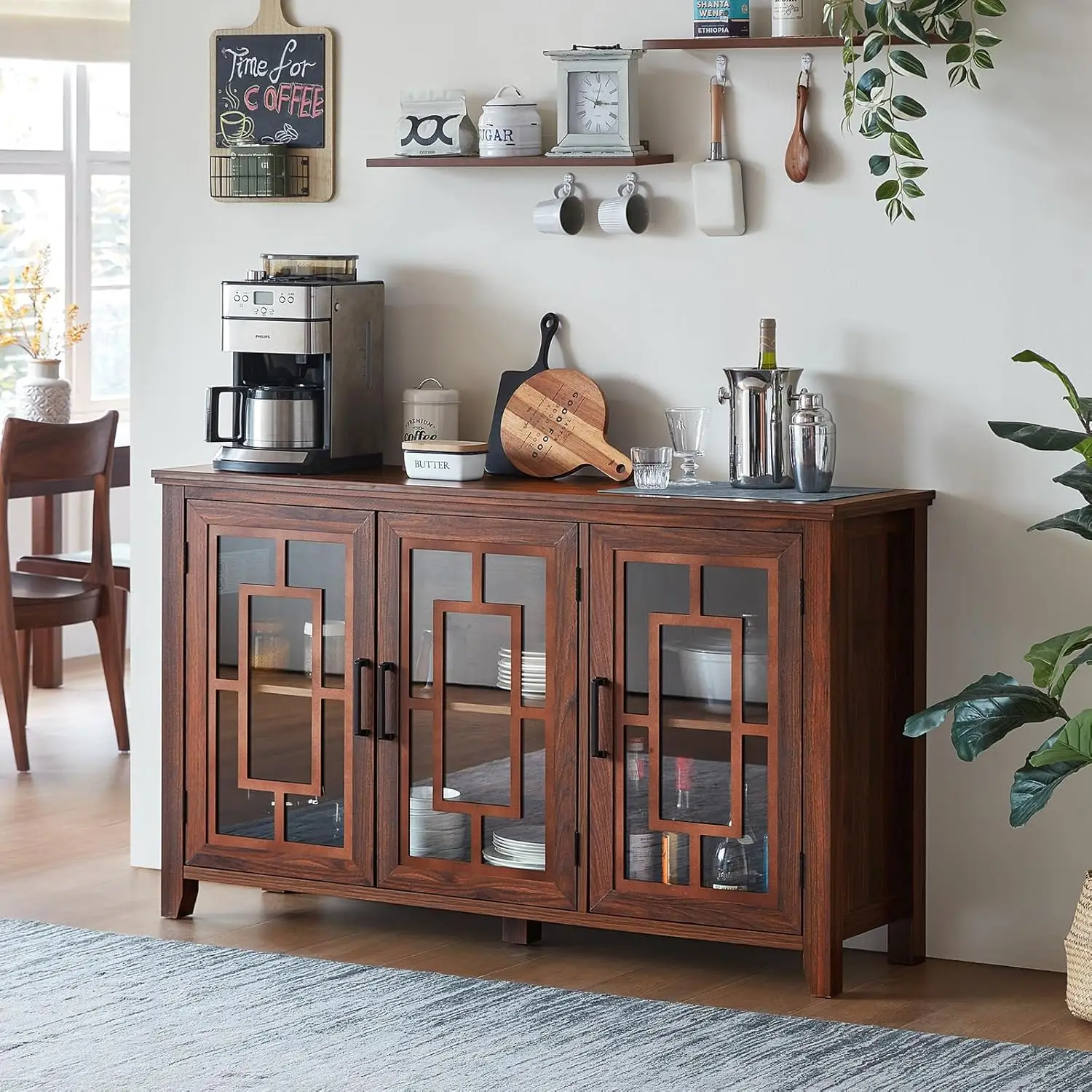 55" Wood Buffet Sideboard Glass Storage Kitchen Dining Bar Table Mid Century Modern Room Customized