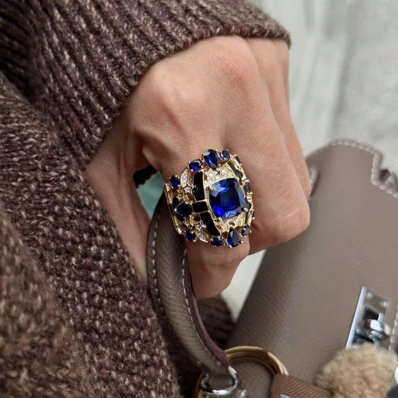Bellux 925 Silver Gold Plated Crown King Lab Grown Sapphire Luxury Banquet Party Jewelry Full Star Rings