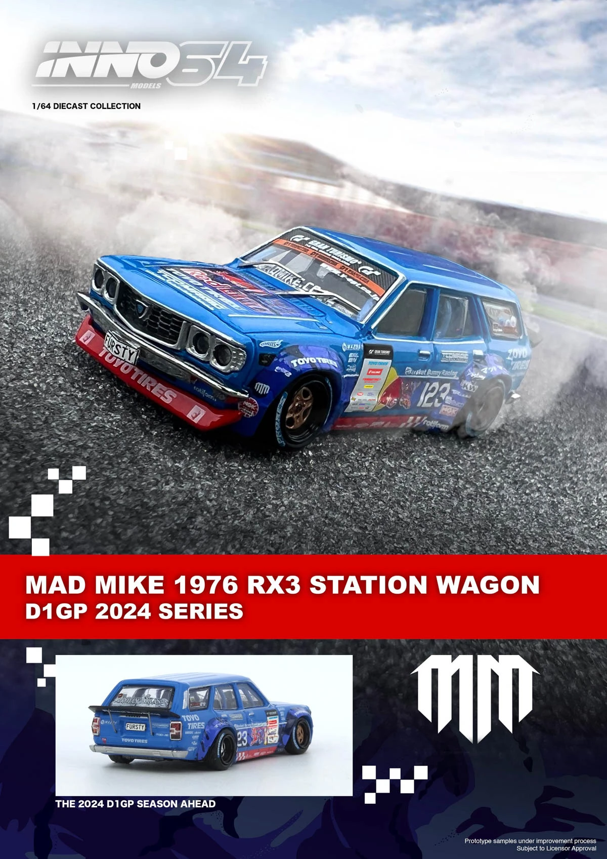 **Pre-order ** INNO 1:64 MAD MIKE 1976  RX3 Station Wagon D1GP 2024  Model car