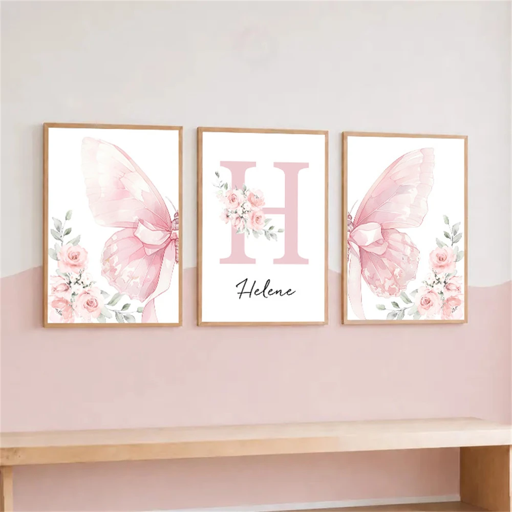 Cartoon Pink Flower Butterfly Custom Name Nursery Wall Art Canvas Painting Nordic Posters and Prints Baby Gilrs Room Decoration