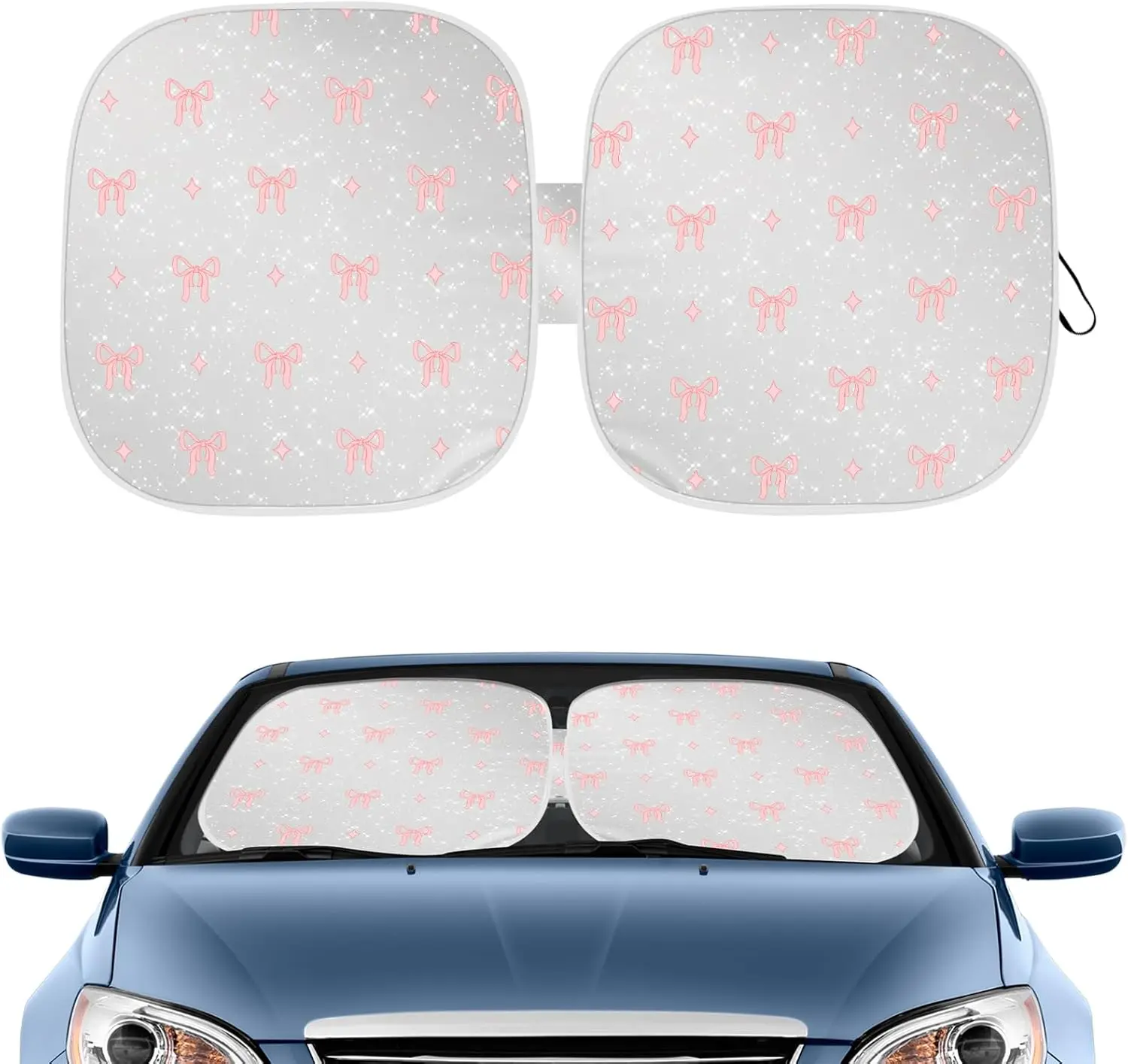 

Pink Bow Print Car Windshield Sun Shade, Foldable Reflective UV Protection Sun Visor with Storage Pouch, Auto Interior Accessori