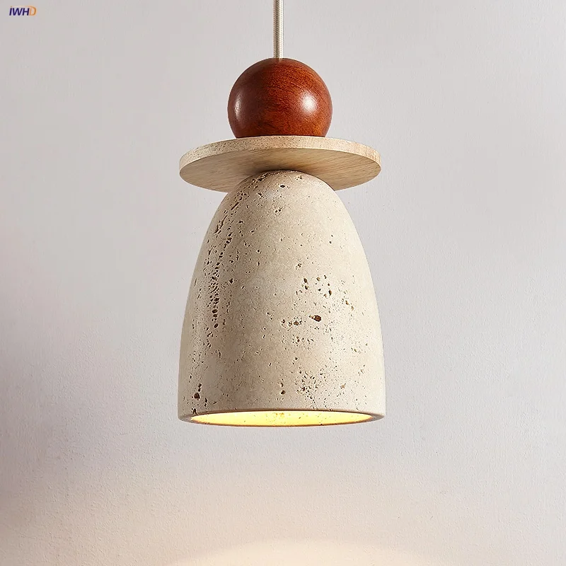 

IWHD Wood Home Decor Pendant Lamp Aisle Hallway Bedroom Yellow Travertine Wire Adjustable Japanese Style Hang Lights Luminaire