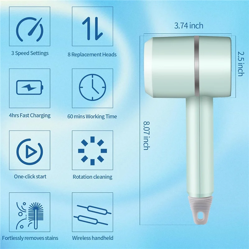 Depurador giratorio eléctrico AA86, cepillo de limpieza eléctrico, depurador eléctrico recargable con 8 cepillos de accesorios, 3 ajustables en blanco