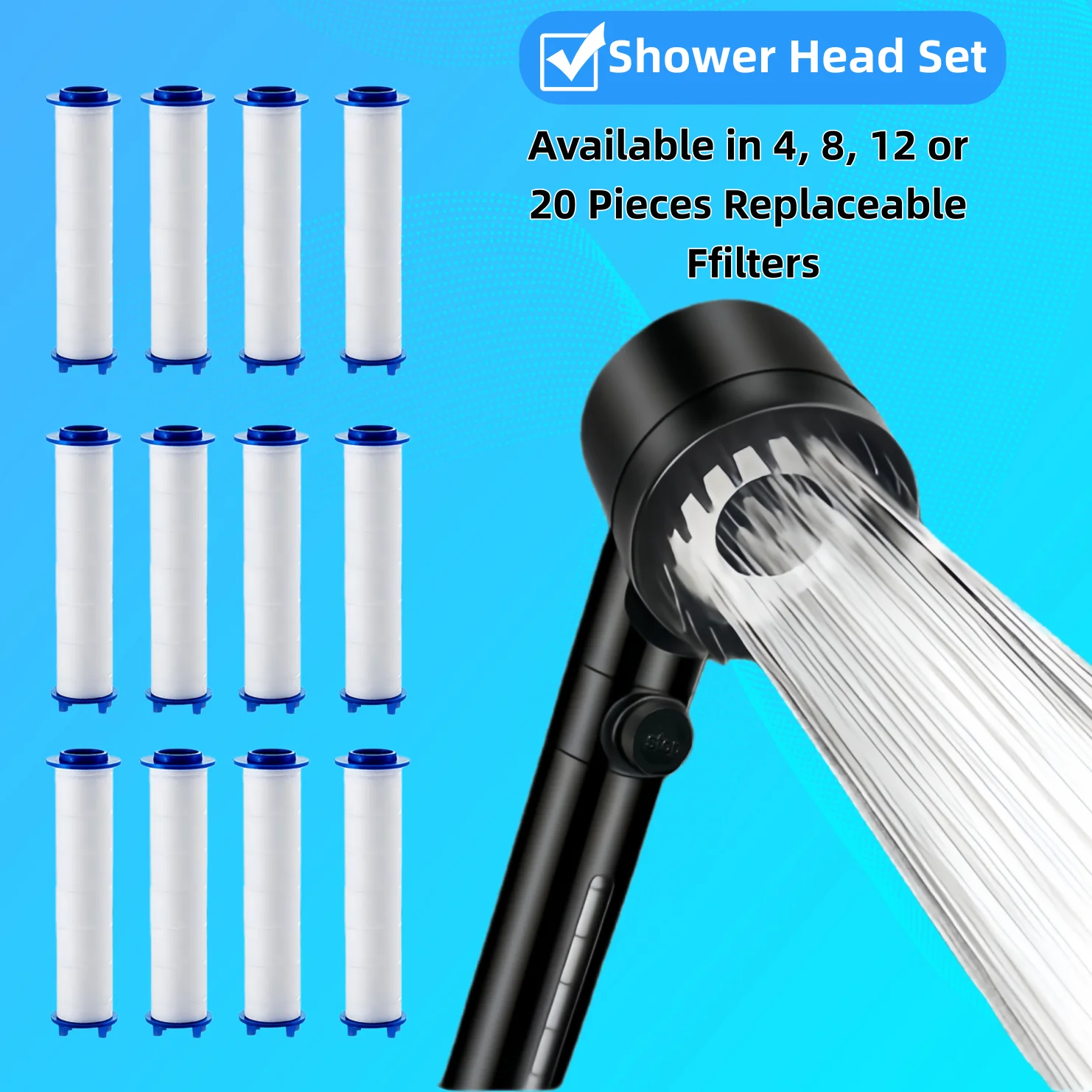 Black 4-Mode High Pressure Handheld Shower Head Set with Visible Filter Window, 4/8/12/20 PCS Replacement Filter Cartridges