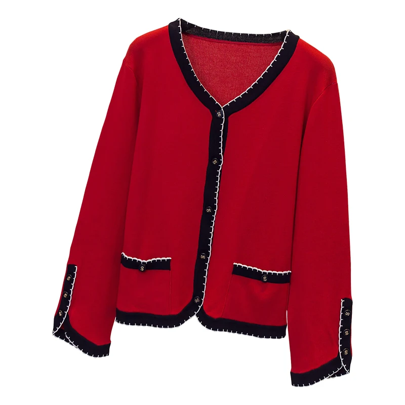 2022 New Women Autumn Sweater Single breasted Cardigan V-Neck Female Casual Knitted Cardigan Stitching color Women clothin