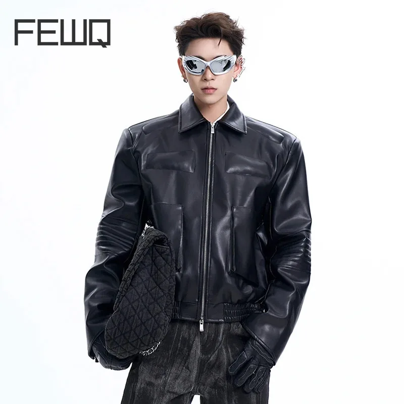 FEWQ Niche Design Men's Jackets Pu Leather Three-dimensional Zipper Turn-down Collar Male Solid Color Coats Functional 24E2267