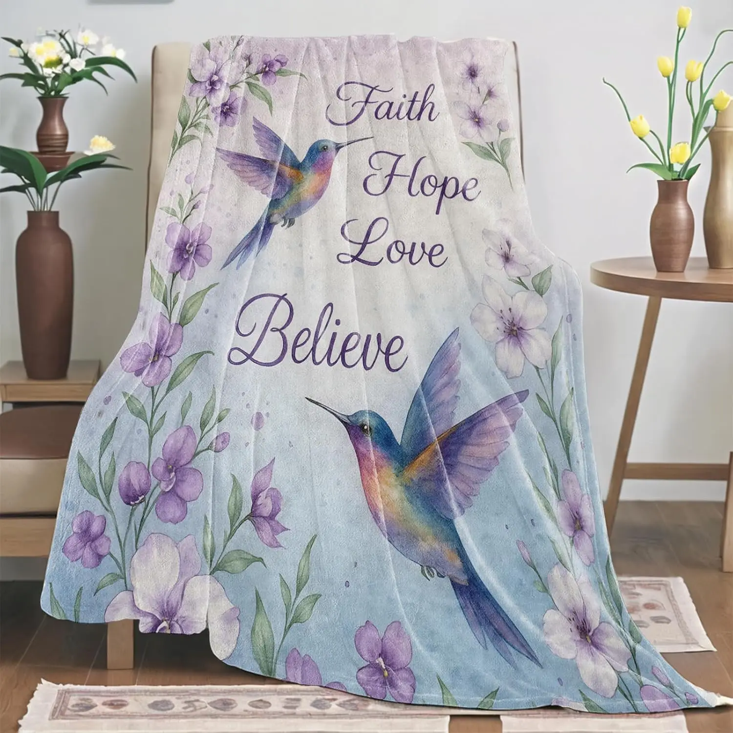 Purple Hummingbird with Floral Pattern Fleece Blanket Inspirational Quote Soft Warm Throw Interior Decoration Bedding Cover