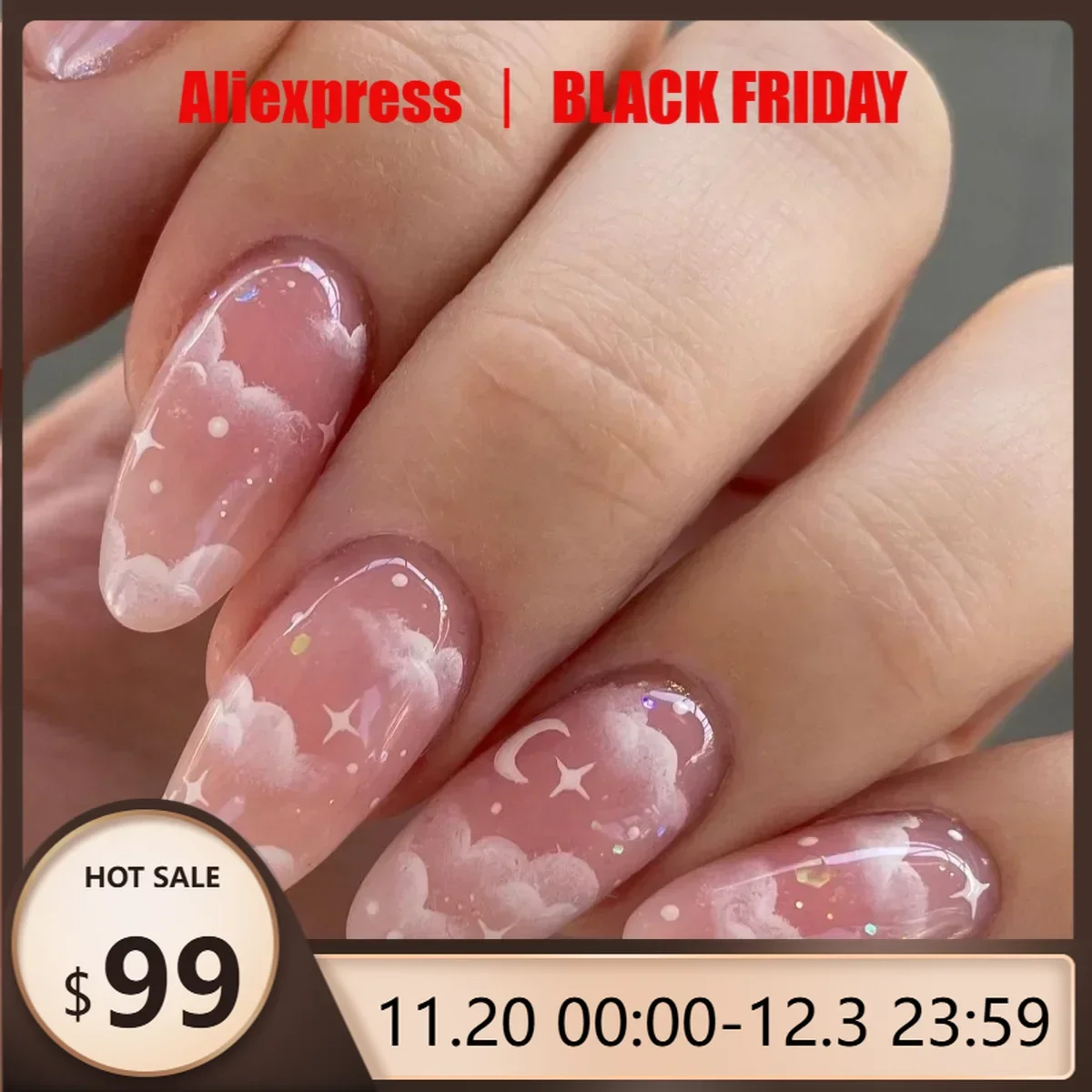 

24 шт., акриловые ногти с розовым облаком, милой звездой и луной, пресс на миндале, носимые, с полным покрытием, накладные ногти, красота ногтей