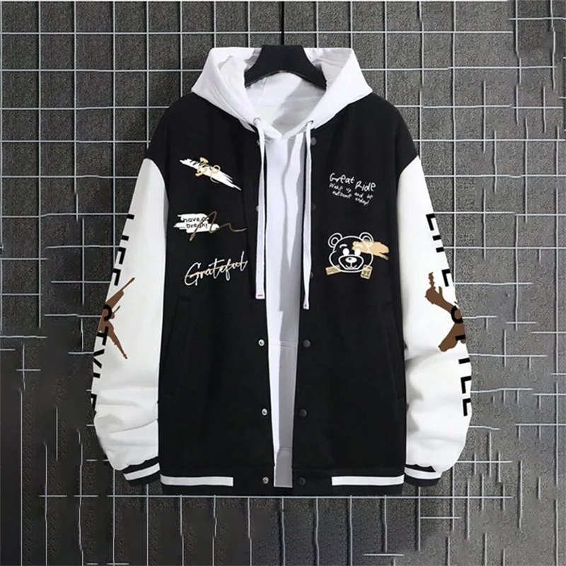 Men Baseball Jacket, Long Sleeve Button Closure Letters Bear Print Contrast Color Varsity Jacket Fall Casual Jacket