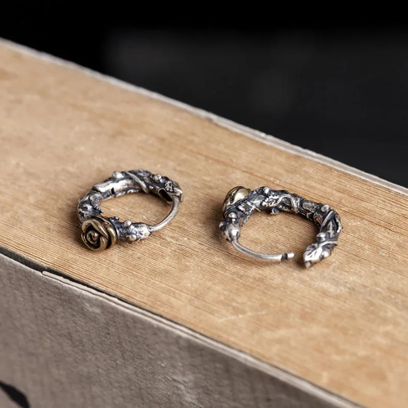 Unique Design Real 925 Sterling Silver Ear Rose Flower Hoop Earrings For Women Piercing Retro Hip Hop Jewelry Allergy Free