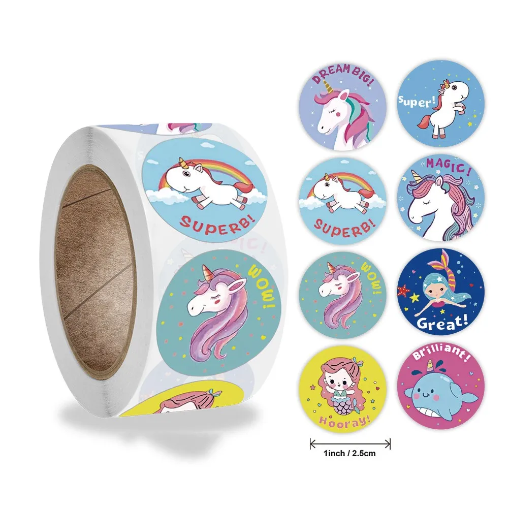 50-500pcs 1inch Round Cartoon Unicorn stickers for kids Teacher Reward Encourage Sticker Office Seal label Animal Toys Label