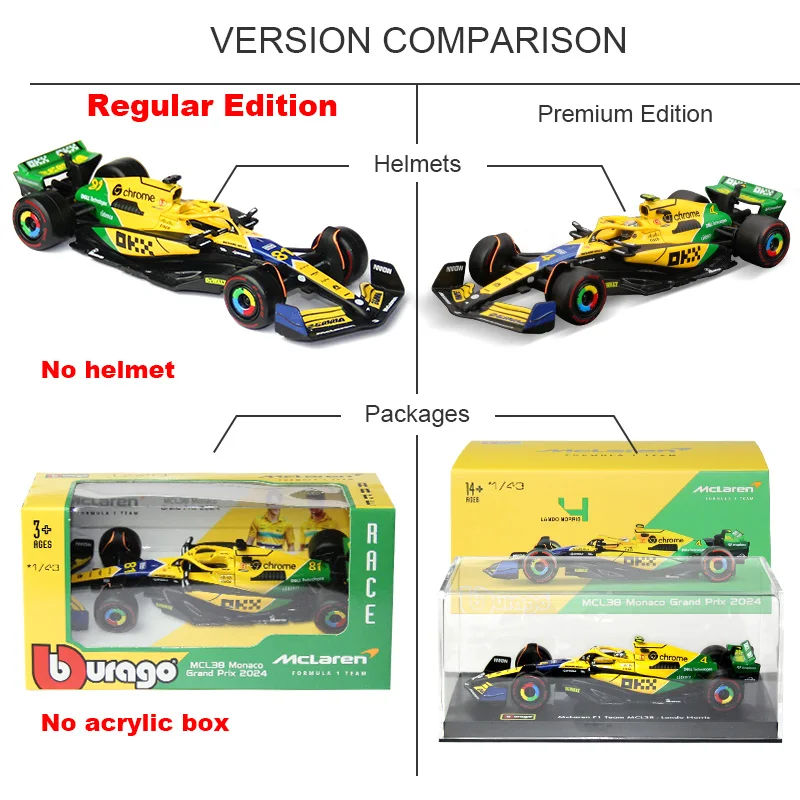 Bburago 1:43 2024 F1 Mclaren MCL38 Monaco Ayrton Senna GP #4 Norris #81 Piastri Mercedes-AMG W15 #44 Hamilton Formula Car Model