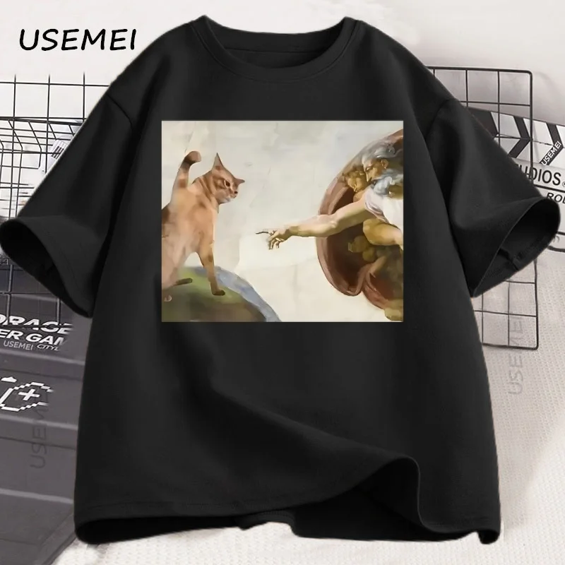 Funny Cat God Creates Adam Meme T-Shirt Unisex Casual Short Sleeve Jesus T-Shirt Round Neck T-Shirt Vintage T-Shirt