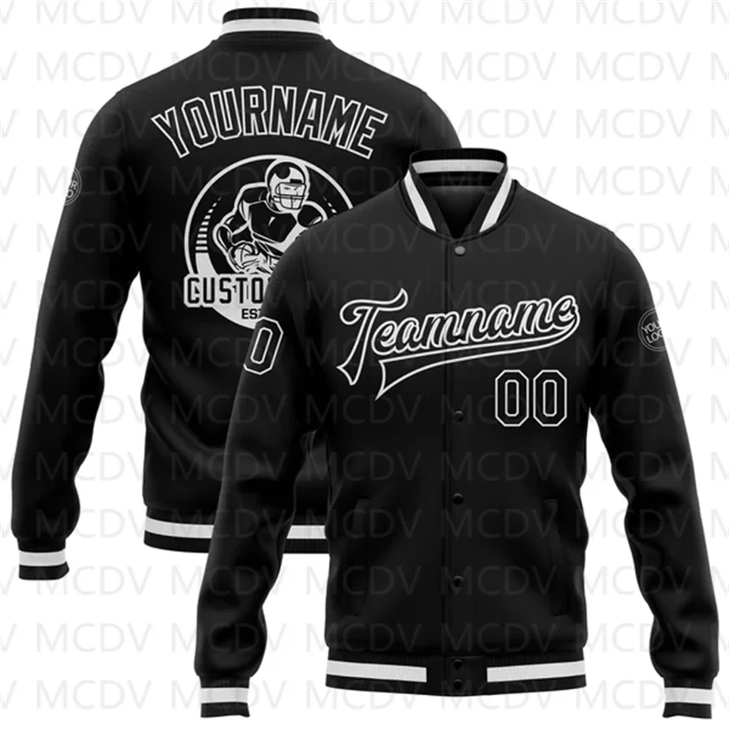 

Custom Black Black-White Bomber Full-Snap Varsity Letterman Jacket