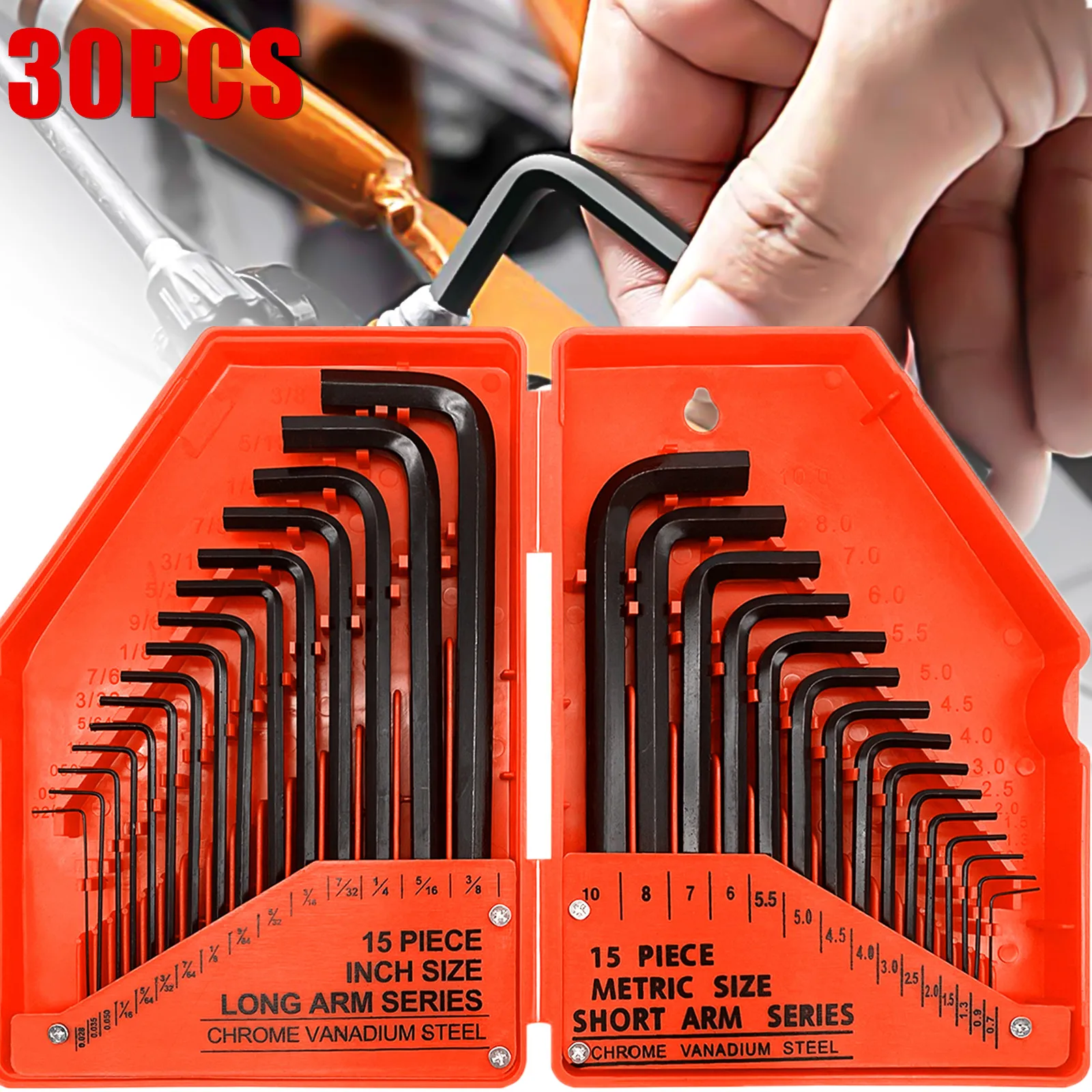 30PC HEX KEY ALLEN ALAN ALLAN KEY LONG SET KIT Chrome Vanadium Hardened Steel METRIC & IMPERIAL + Orange CASE