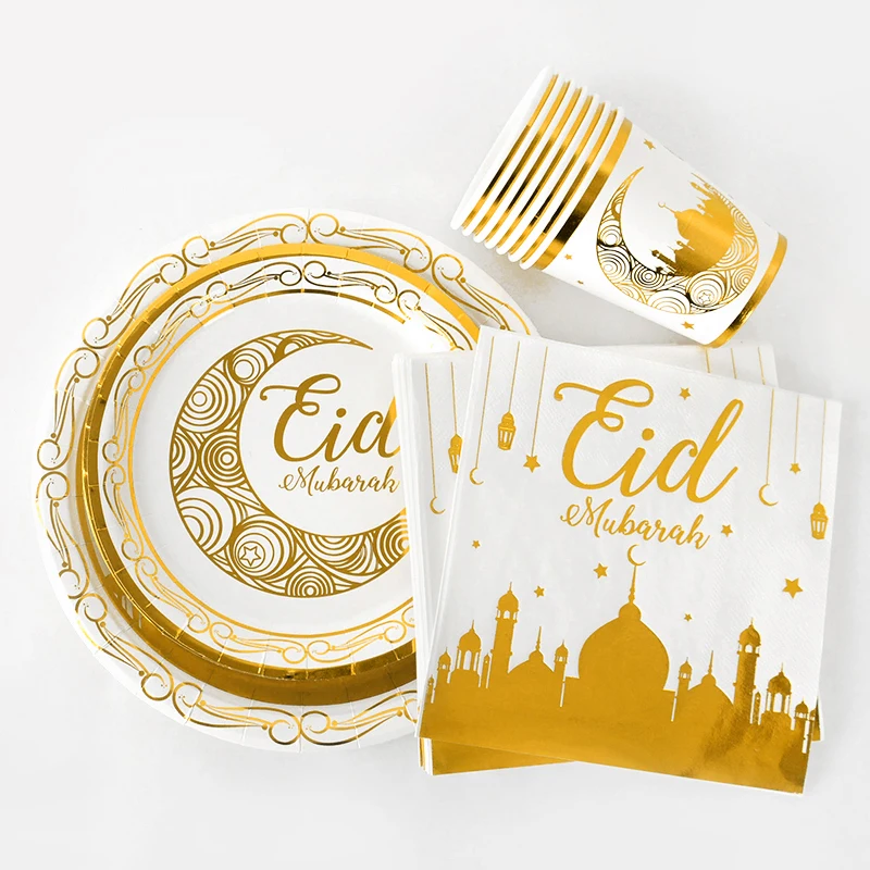 Eid Mubarak Disposable Tableware Gold Plate Cup Banner Gift Bags Islamic Muslim Party Supplies 2025 Ramadan Kareem Decorations