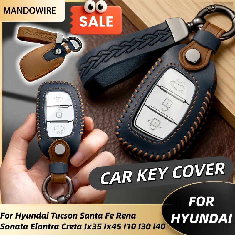 

Leather Car Smart Key Case Cover For Hyundai Tucson Santa Fe Rena Sonata Elantra Creta Ix35 Ix45 I10 I30 I40 Accessories