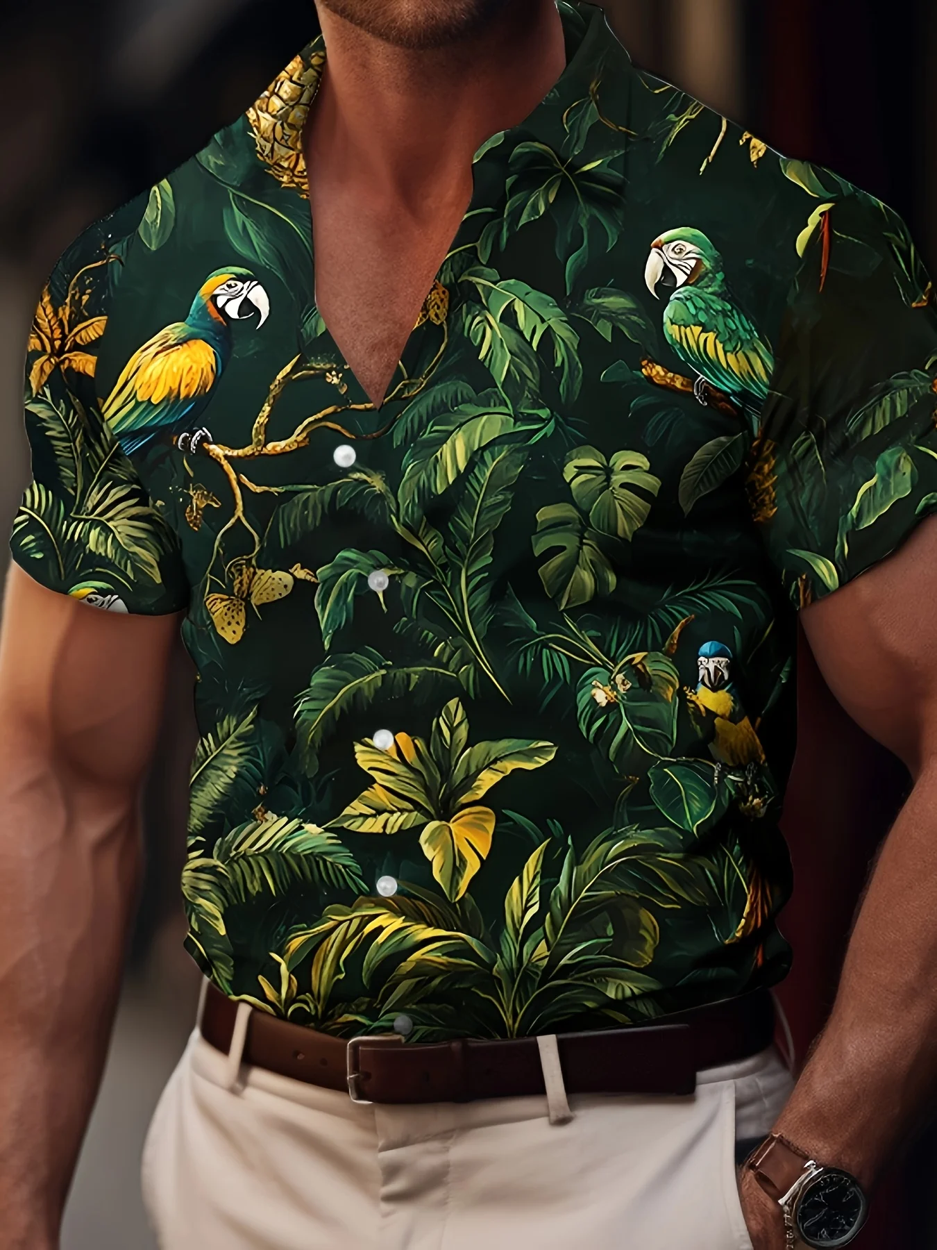 Men Short Sleeve Button Down Shirt Tropical Jungle Parrot Pineapple Leaf Print Polyester Casual Holiday Beach Blouse