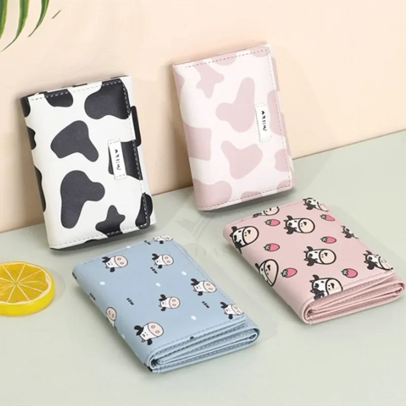 Women New Fashion Wallet Pu Leather Cartoon Cow Cattle Short Ladies Multi-card Slot Coin Purses Student Cute Triple Fold Wallet