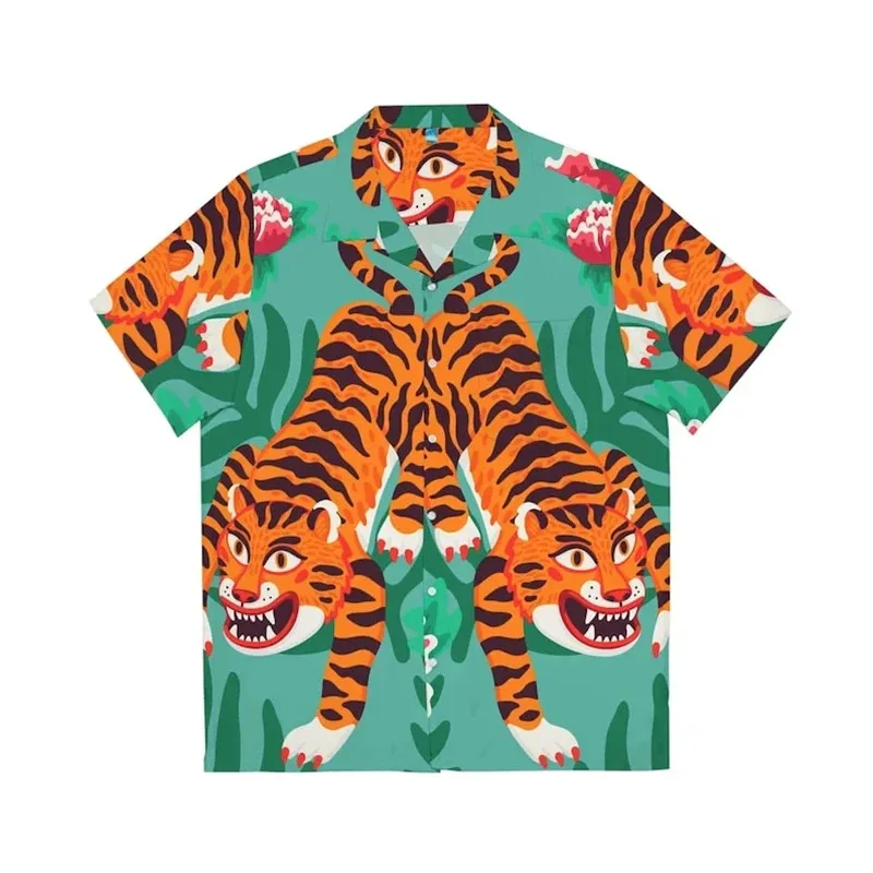 

Hawaiian Beach Tiger Pattern Shirts For Men Clothing Fashion Hawaii Animal 3D Printed Short Sleeve Holiday Party Y2k Tops Blouse