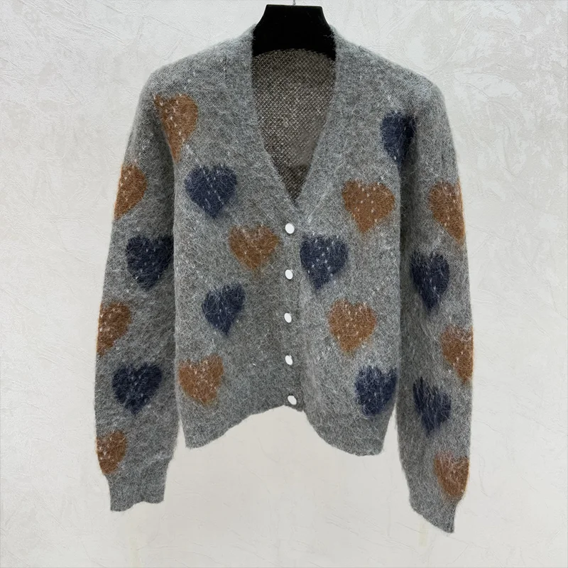 

High quality Diamond plaid color blocked heart pattern women's V-neck cardigan sweater classic trend knitwear 25120651