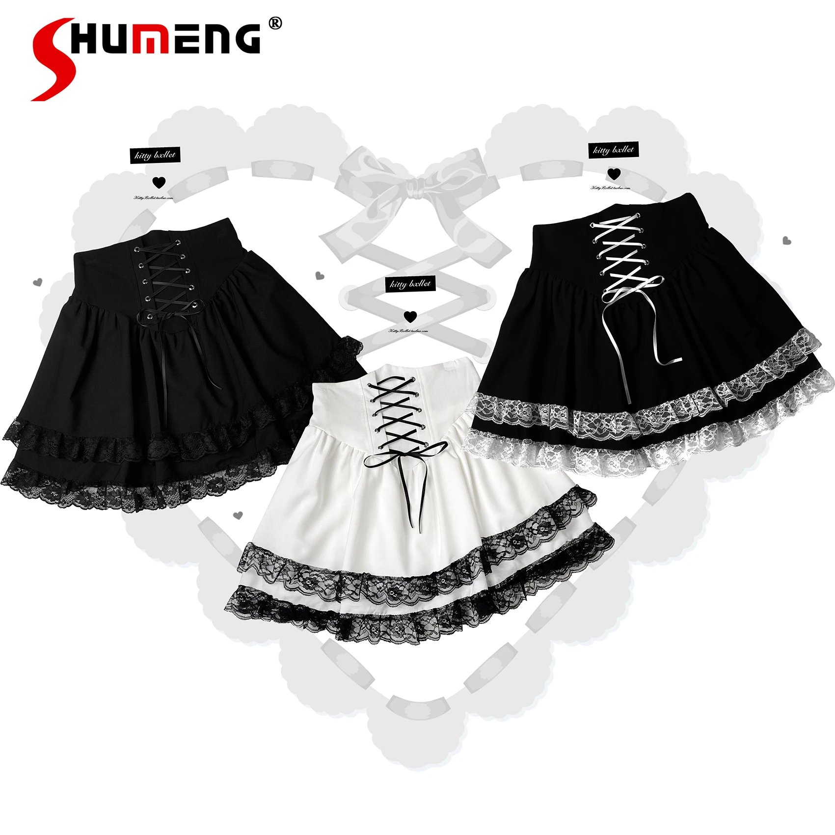 

Japanese Style Mine Lace Edge Strap Black Skirt for Women Spring and Autumn High Waist Slim Sweet Cute Short A-Line Skirt Mujer