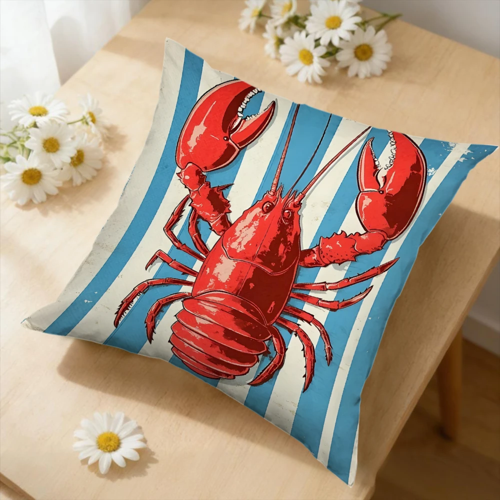1Pc Vintage Red Lobster On Blue White Stripes Cushion Cover Pillowcase For Sofa Bed Living Room Home Decor Soft Breathable