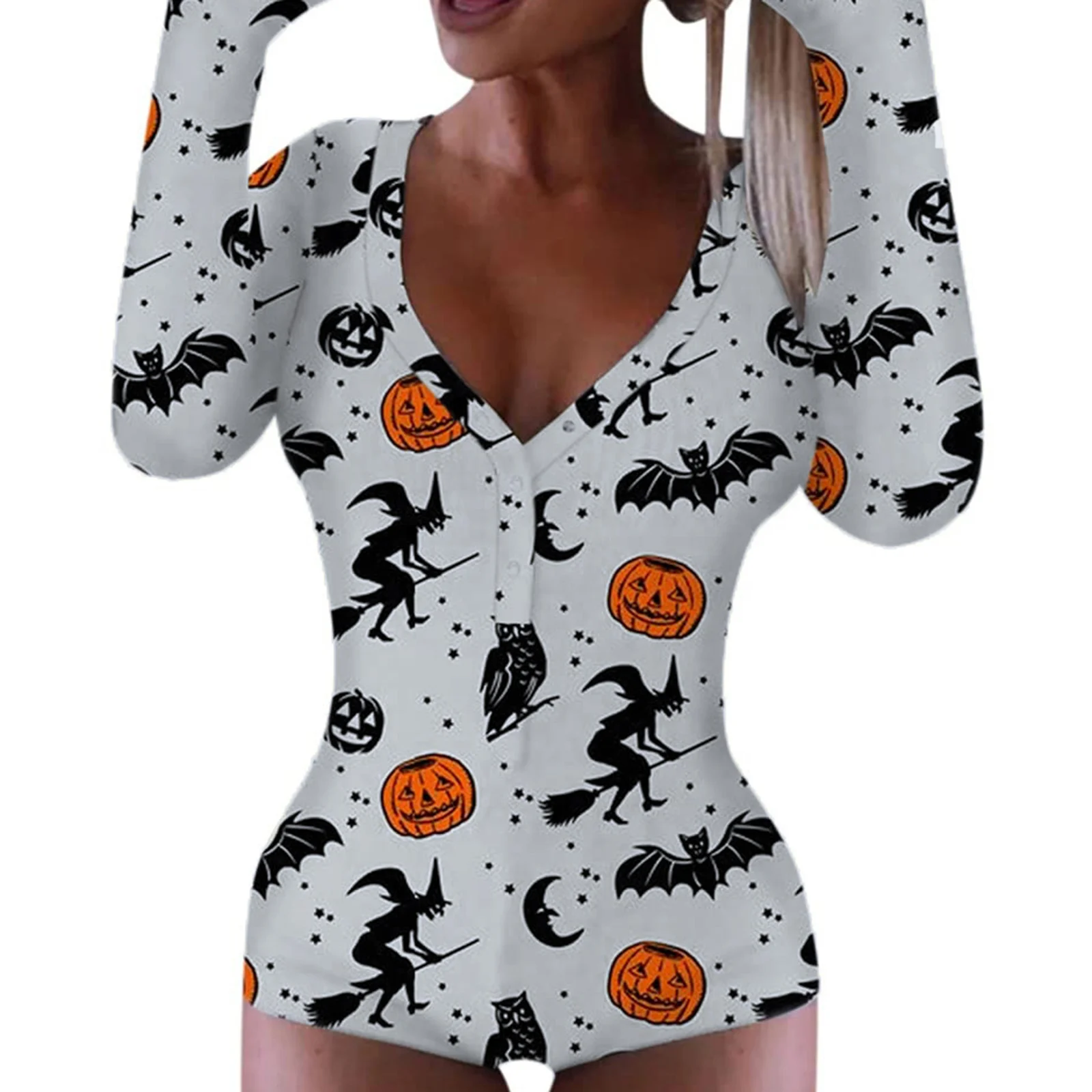 HEZIOWYUN-bodysuit feminino de Halloween, apertado, cabido, impressão de abóbora, botão baixo, gola V, manga comprida, macacão para festa, clube