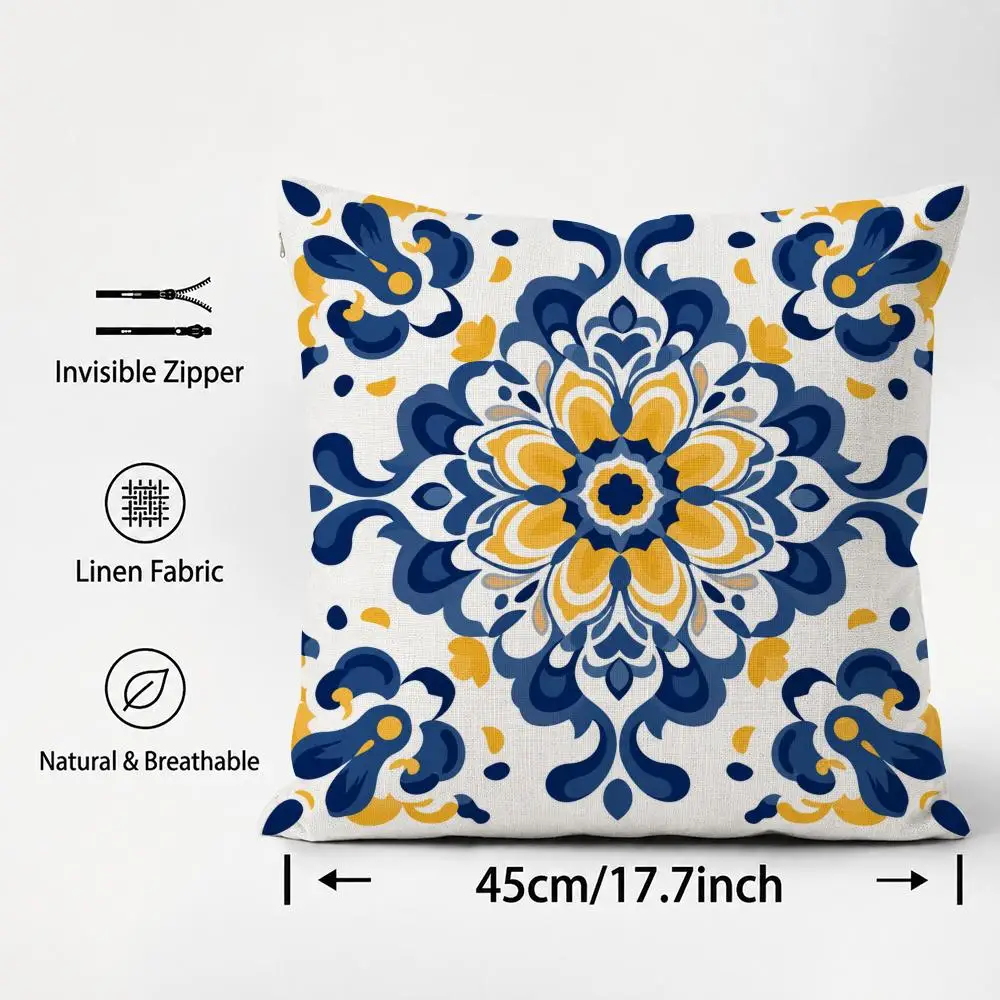 Mediterranean Tile Portuguese Azulejo Style Cushion Cover Cushion Covers Natural Linen Breathable Sofa Bedroom Decor Pillowcase