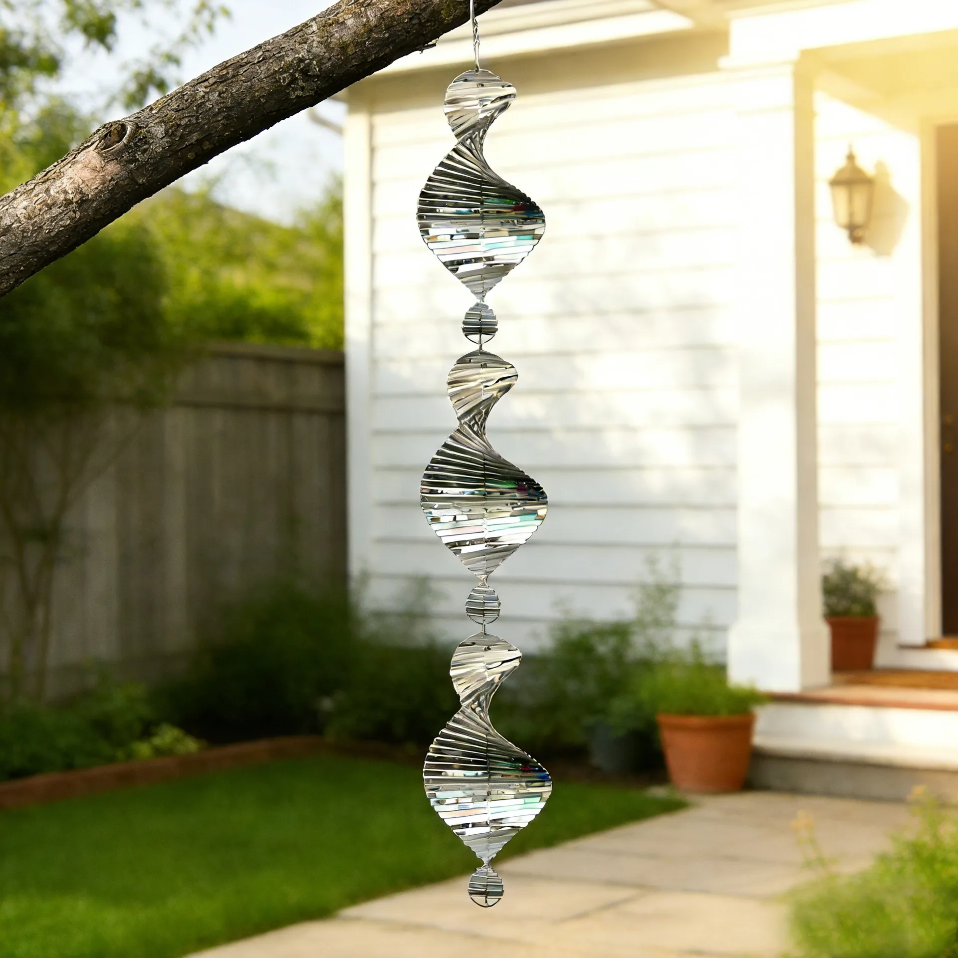 3D Metal Wind Spinner Stainless Steel Spiral Wind Chimes Hanging Sculpture Garden Outdoor Balcony Reflective Sun Catcher Decor