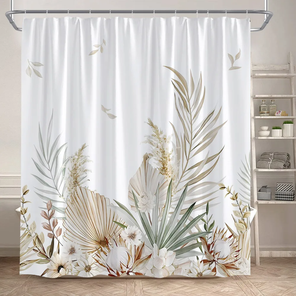 This shower curtain features a watercolor-style botanical print with soft, blended hues of green, orange, and yellow, creating a